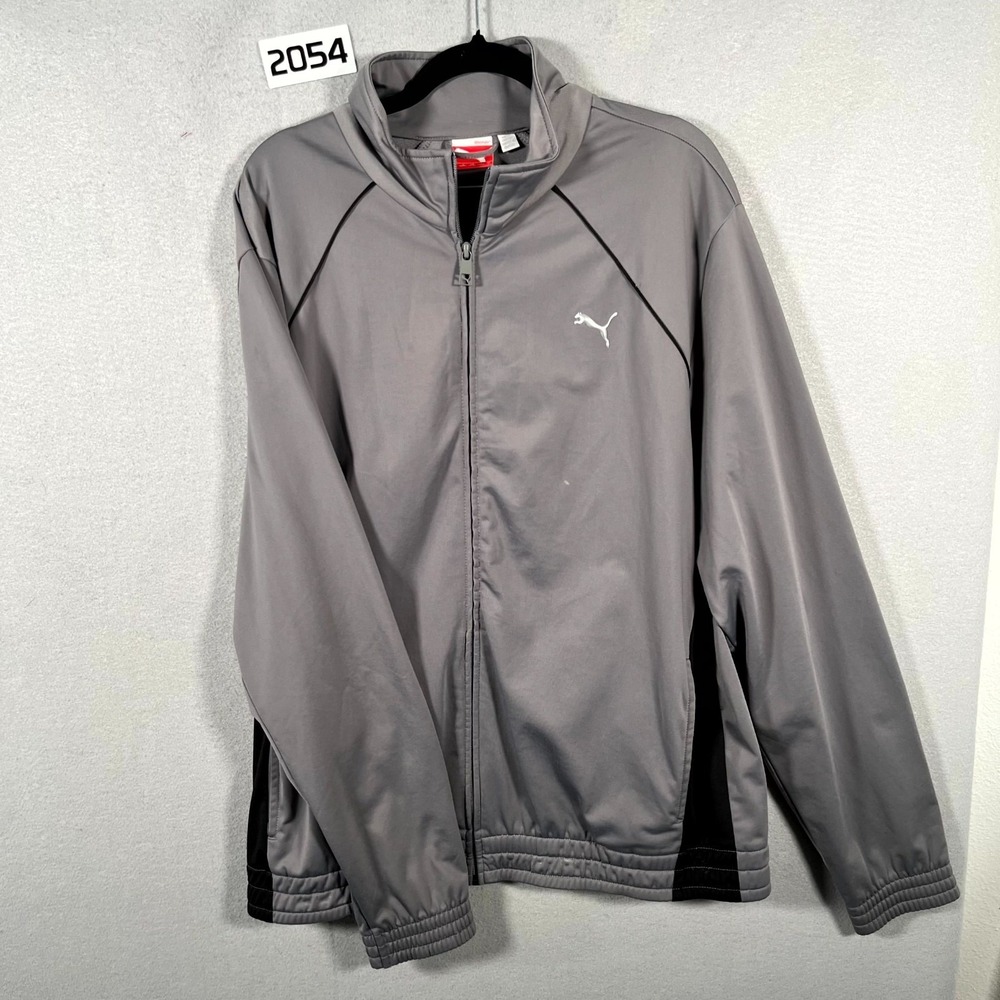 Puma Track Jacket Mens Large Gray Black Logo Raglan Sleeve Full Zip Activewear